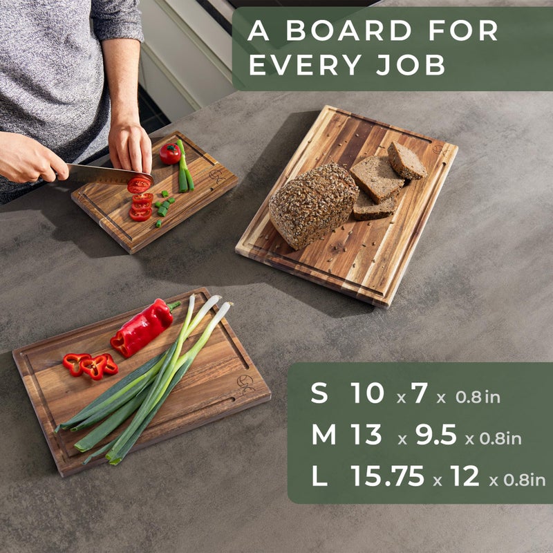 WALDWERK Cutting Board Set (15.75 x 12/13 x 9.5/10 x 7 in) out of Solid Acacia Wood - 0,8 in Thick Cutting Boards for Kitchen - Wood Cutting Boards - Wooden Chopping Boards for Kitchen - Image 3