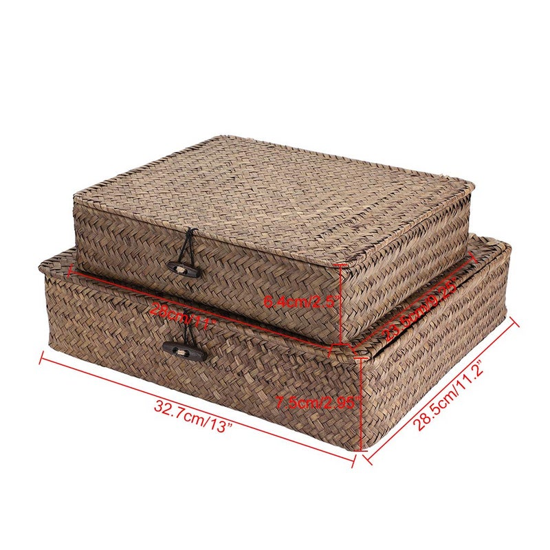 Hipiwe Set of 2 Flat Woven Wicker Storage Bins with Lid Natural Seagrass Basket Multipurpose Home Boxes for Shelf Organizer (Coffee) - Image 5