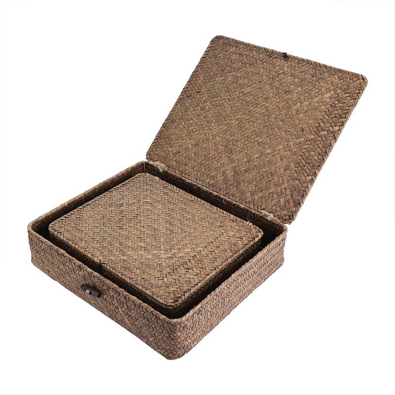 Hipiwe Set of 2 Flat Woven Wicker Storage Bins with Lid Natural Seagrass Basket Multipurpose Home Boxes for Shelf Organizer (Coffee) - Image 4
