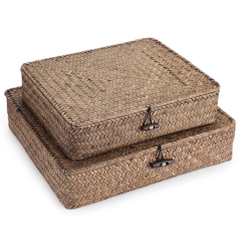 Hipiwe Set of 2 Flat Woven Wicker Storage Bins with Lid Natural Seagrass Basket Multipurpose Home Boxes for Shelf Organizer (Coffee) - Image 1