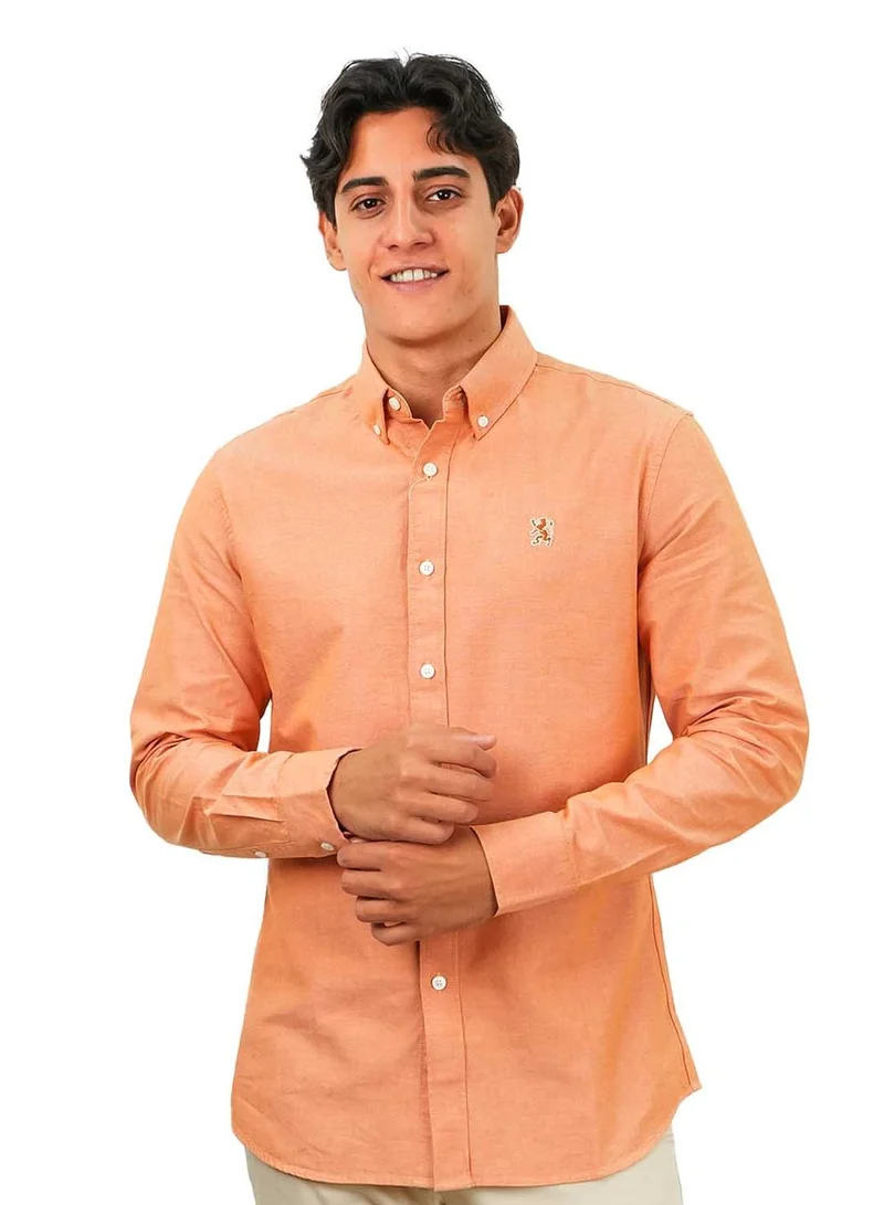 Men's Cotton Oxford Shirt - Small Lion Embroidery, Slim Fit, Full Button