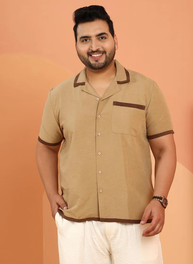 Instafab Plus Instafab Plus Men's Khaki Beige Contrast-Cuban Shirt For Casual Wear | Cuban Collar | Short Regular Sleeves | Button Closure | Plus Size Shirt Crafted With Comfort Fit For Everyday Wear