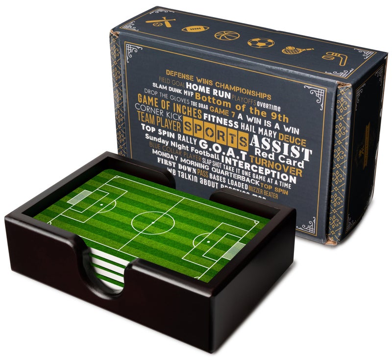 Krown Kitchen Soccer Field Ceramic Coasters with Holder. Absorbent Coaster for Drinks  Coaster Set  Table Coaster. Gift for Men  Football Decorations  Party Favors - Image 1