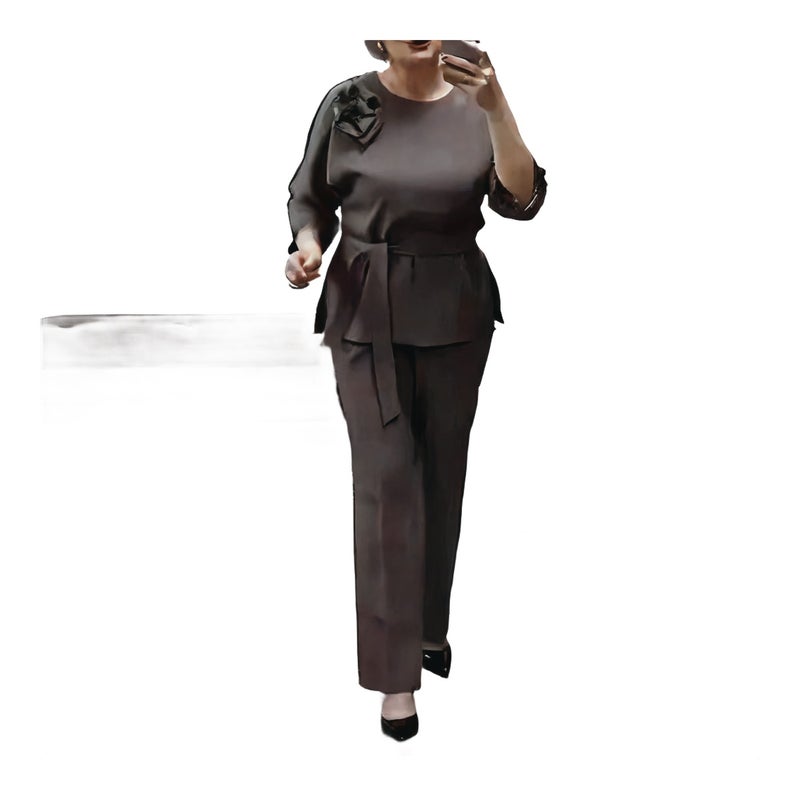 Elegant Leopard Print Floral Patchwork Plus Size Outfit Set - Image 1