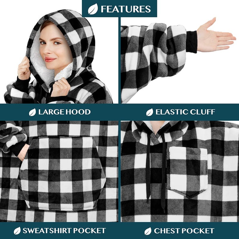 PAVILIA PAVILIA Blanket Hoodie for Women White  Sherpa Wearable Blanket Men  Cozy Oversized Sweatshirt Blanket  Warm Fleece Hooded Blanket Sweater with Sleeves and Giant Pocket  Checker White - Image 3
