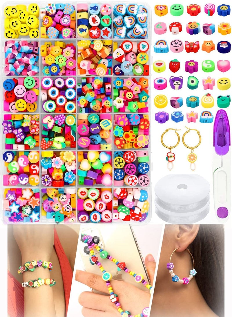 SYOSI 480PCS Fruit Flower Polymer Clay Beads 24 Style Cute Smiley Heart Mushroom Clay Beads Charms for Jewelry Necklace Earring Making DIY Bracelet Making Kit Accessories for Women Girls - Image 1