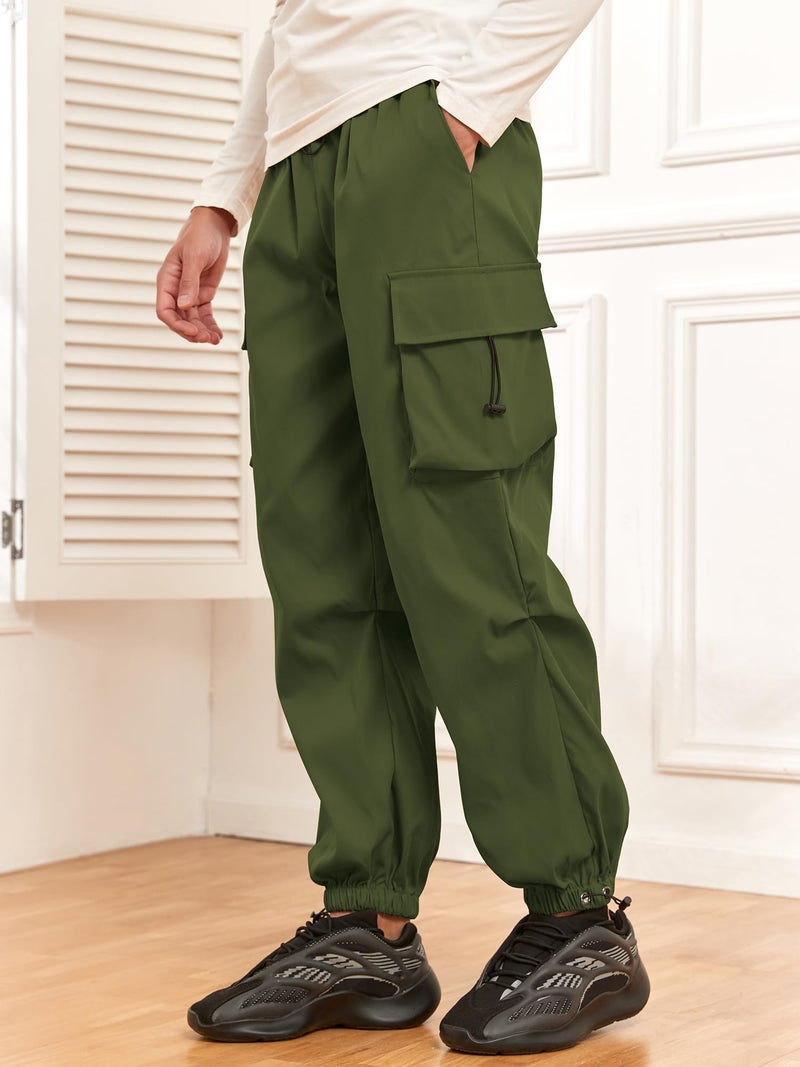 ZAFUL Flat Pocket Parachute Pants for Men Causal Baggy Cargo Pants Unisex Street Y2K Pants Drawstring Trousers Deep Green XXL - Image 3