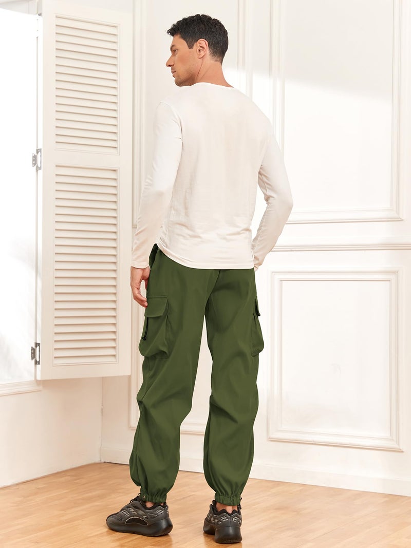 ZAFUL Flat Pocket Parachute Pants for Men Causal Baggy Cargo Pants Unisex Street Y2K Pants Drawstring Trousers Deep Green XXL - Image 4