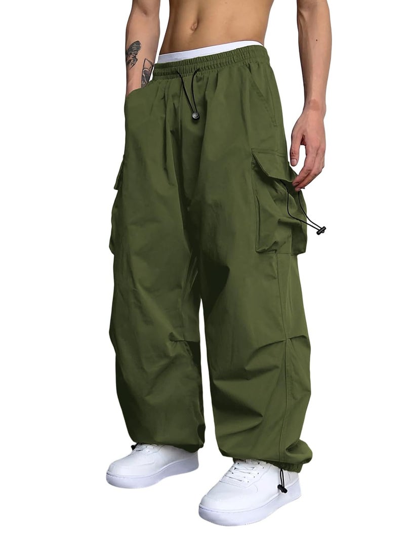 ZAFUL Flat Pocket Parachute Pants for Men Causal Baggy Cargo Pants Unisex Street Y2K Pants Drawstring Trousers Deep Green XXL - Image 1