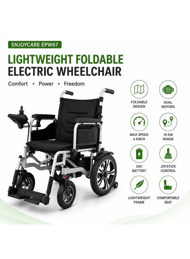 Enjoycare EPW67 Lightweight Foldable Electric Wheelchair – Dual Motor, 15km Range, 6km/h Speed, Grey - 1 year Warranty - Image 2