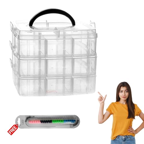 RUSHIL WERE 18 Grid Square Storage Box | 3 Layer | Free 1 Cable Spiral | With Removal Dividers | Detachable | For Jewelry, Craft Beads, Buttons Organizer | Plastic | Transparent | 16 x 11 x 14 cm - Image 1