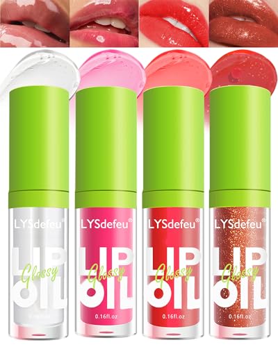 LYSdefeu Hydrating Lip Glow Oil Kit4 Colors Lip Oil Lip GlazeTinted Lipgloss Clear Pink Red Glow Reviver Tint Lip Oil Lip Stain Nonsticky Lipstain Lip GlossChristmas Makeup Gift Kit for WomenSet C - Image 1
