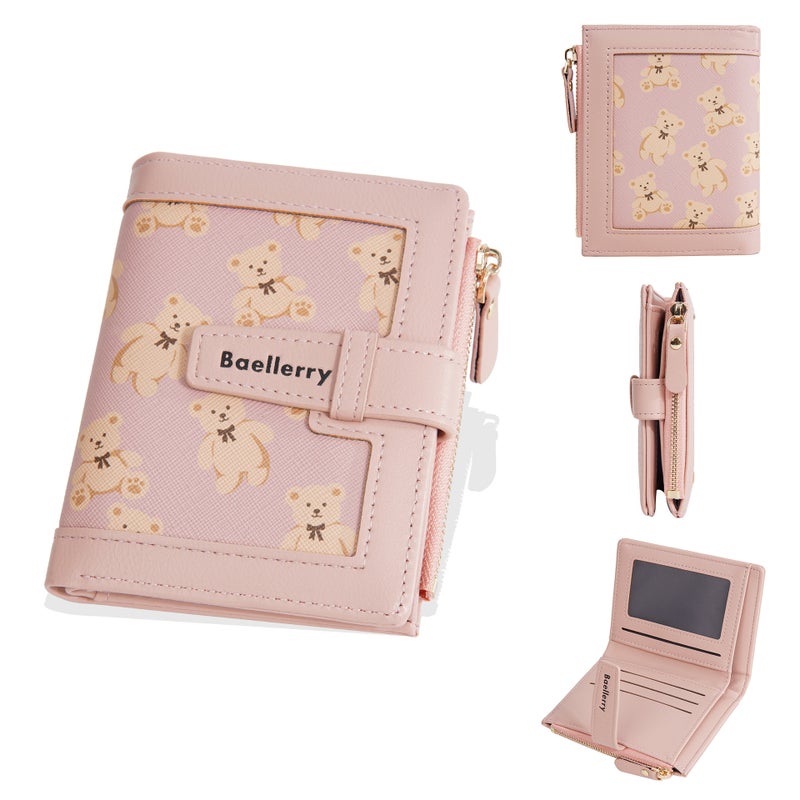 baellerry New Pink Women's Wallet with Bear Print, Multi-Card Slot, Zipper Coin Purse - Image 1