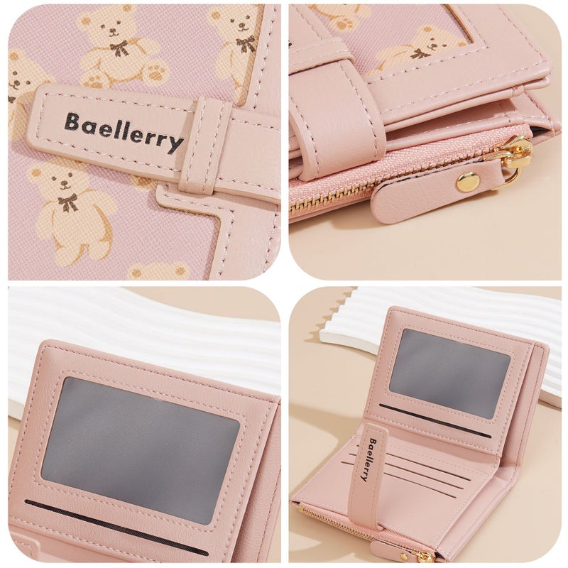 baellerry New Pink Women's Wallet with Bear Print, Multi-Card Slot, Zipper Coin Purse - Image 4