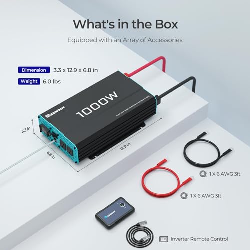Renogy 1000W Pure Sine Wave Inverter 12V DC to 120V AC Converter for Home, RV, Truck, Off-Grid Solar Power 110V with Built-in 5V/2.1A USB Port, Hardwire Remote Controller - Image 3