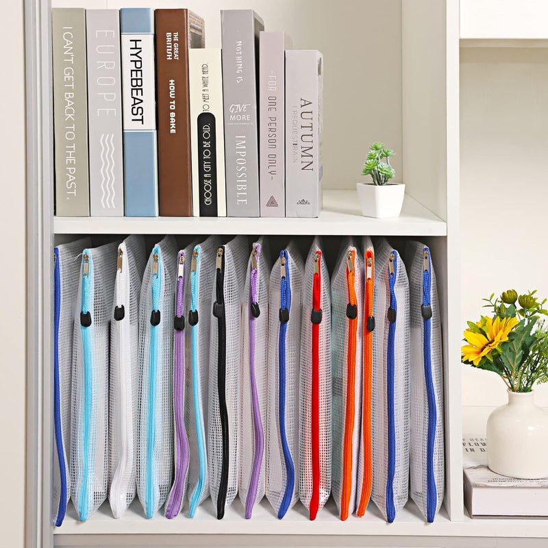 إي سي في في مجموعة من 12 كيسًا شبكيًا بسحاب، حقيبة ملفات بسحاب لتنظيم التخزين، مقاس الرسالة، مقاس A4، حقائب ملفات بسحاب للمدرسة وألعاب الطاولة واللوازم المكتبية، لون عشوائي 29 × 21 سم - Image 4