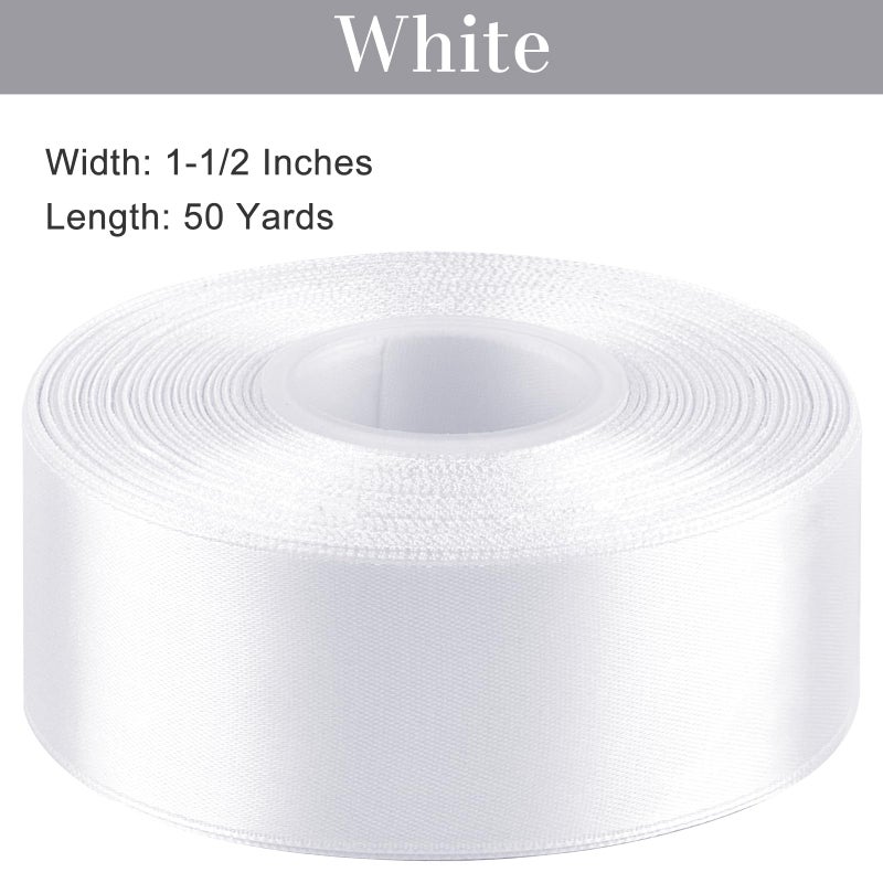 CLUEWR 1-1/2 Inches 50 Yards White Satin Ribbon, Solid Fabric Ribbon Roll for Flower Bouquets, Gift Wrapping, Wedding, Handmade Crafts - Image 2