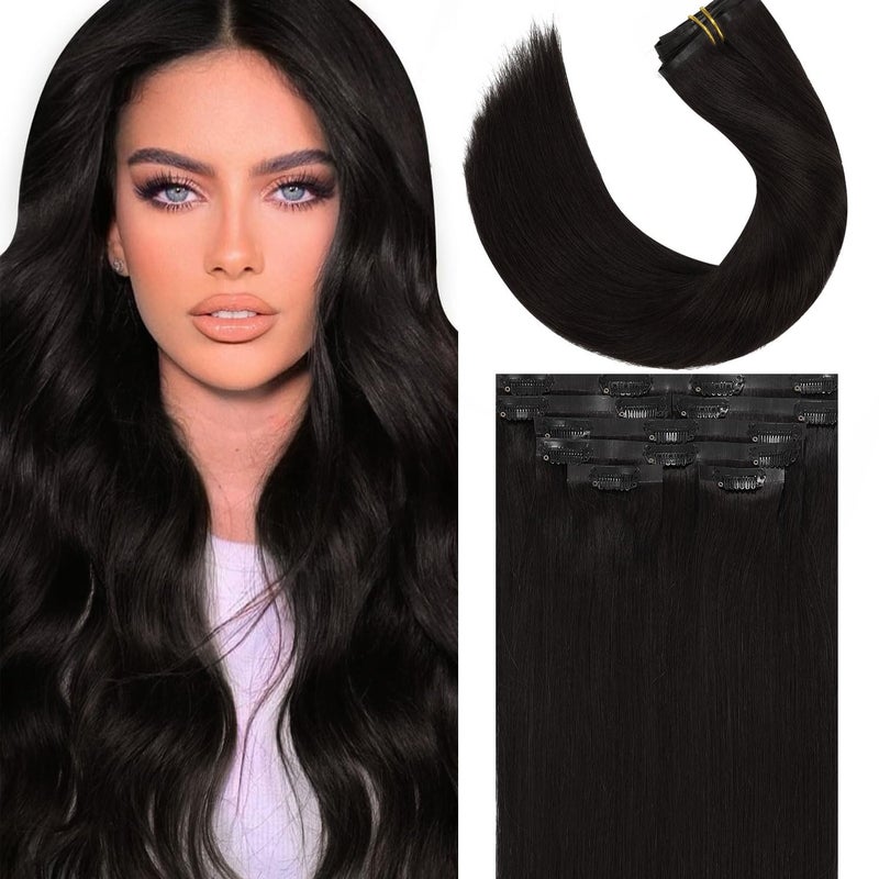 Lacer Hair Glam Seamless Clip in Hair Extensions Natural Black Human Hair Extensions 110g 7pcs 20 Inch Clip in Human Hair with Invisible PU Weft Remy Seamless Clip on Hair Extensions for Women 1B