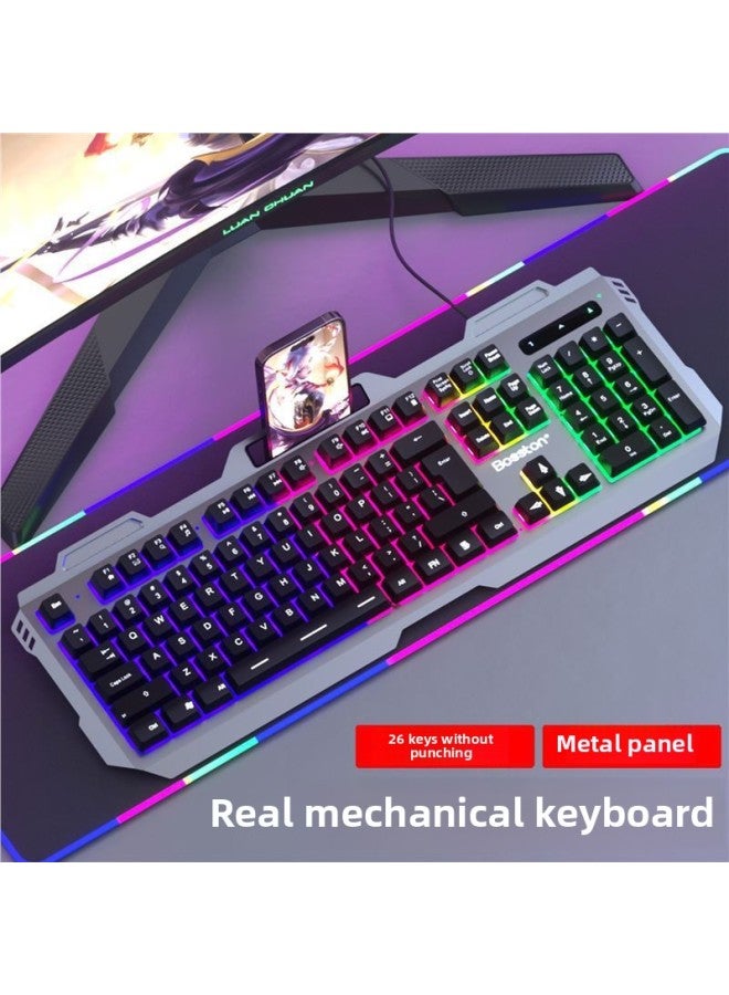 Real Mechanical Feel Wired Keyboard Mouse Suit Light-emitting Computer Desktop USB Character Light Backlight Suspension-Color:Black Metal Panel Keyboard