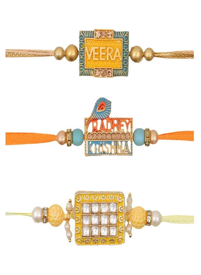 Vientiq Men's Combo Set of 3 Yellow Thread Rakhi Veera, Krishna & Peacock Feather Beaded Rakhi for Brother Rakshabandhan with Roli & Chawal - Image 4