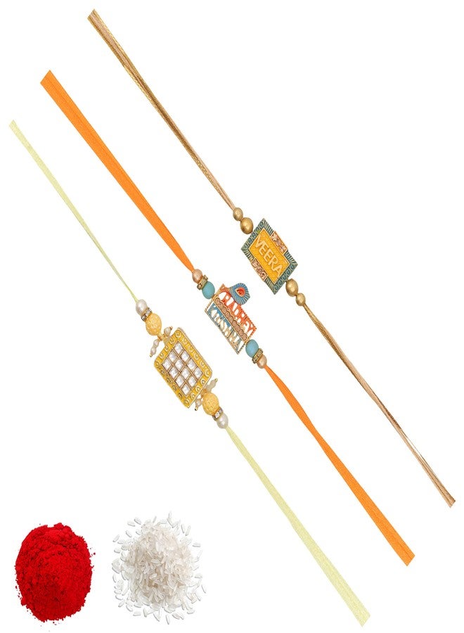 Vientiq Men's Combo Set of 3 Yellow Thread Rakhi Veera, Krishna & Peacock Feather Beaded Rakhi for Brother Rakshabandhan with Roli & Chawal - Image 1