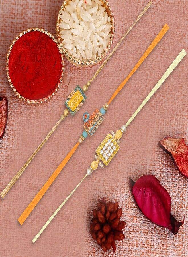 Vientiq Men's Combo Set of 3 Yellow Thread Rakhi Veera, Krishna & Peacock Feather Beaded Rakhi for Brother Rakshabandhan with Roli & Chawal - Image 2