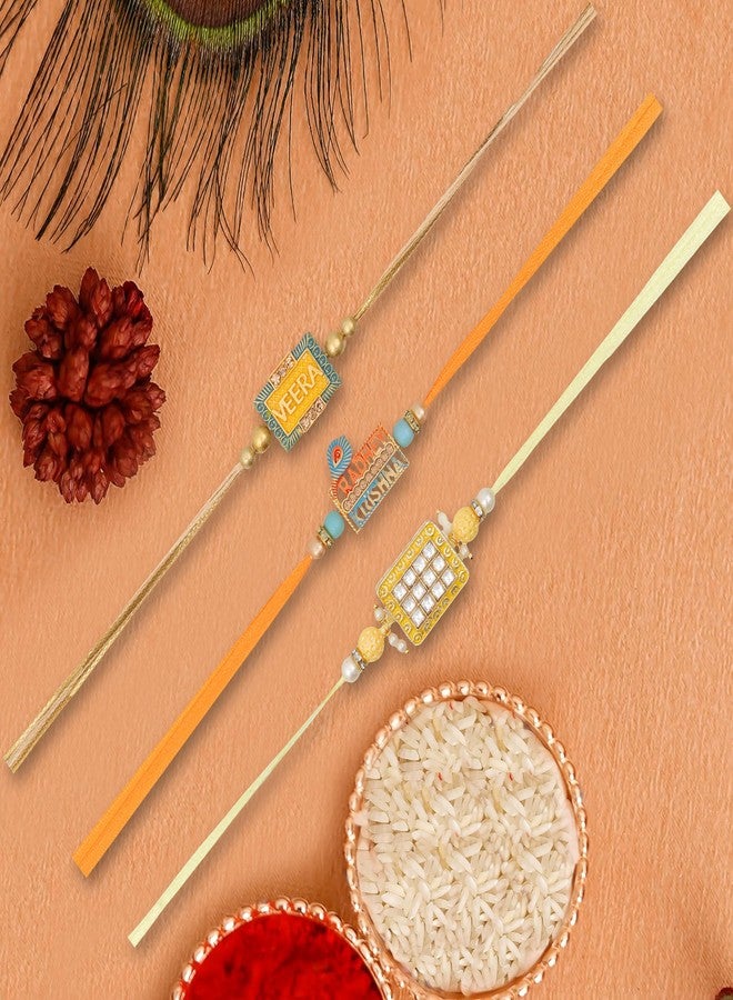 Vientiq Men's Combo Set of 3 Yellow Thread Rakhi Veera, Krishna & Peacock Feather Beaded Rakhi for Brother Rakshabandhan with Roli & Chawal - Image 3