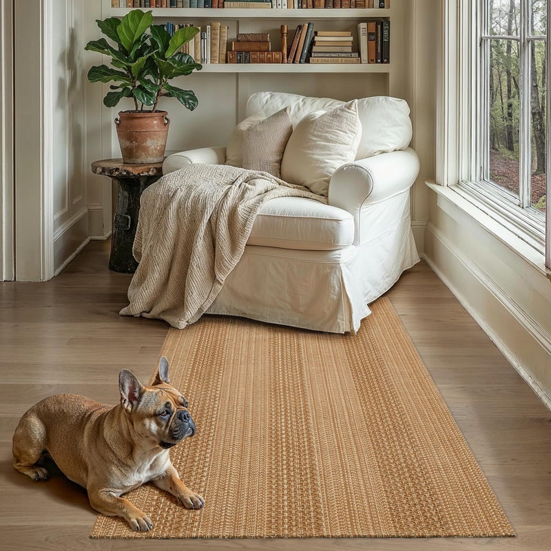 MatEssenz 3x5 ft Washable Area Rug, Textured Natural Woven Low-Profile Entryway Rug with Non-Slip Backing, Neutral Light Brown Accent Rug for Bedroom, Living Room - Image 1