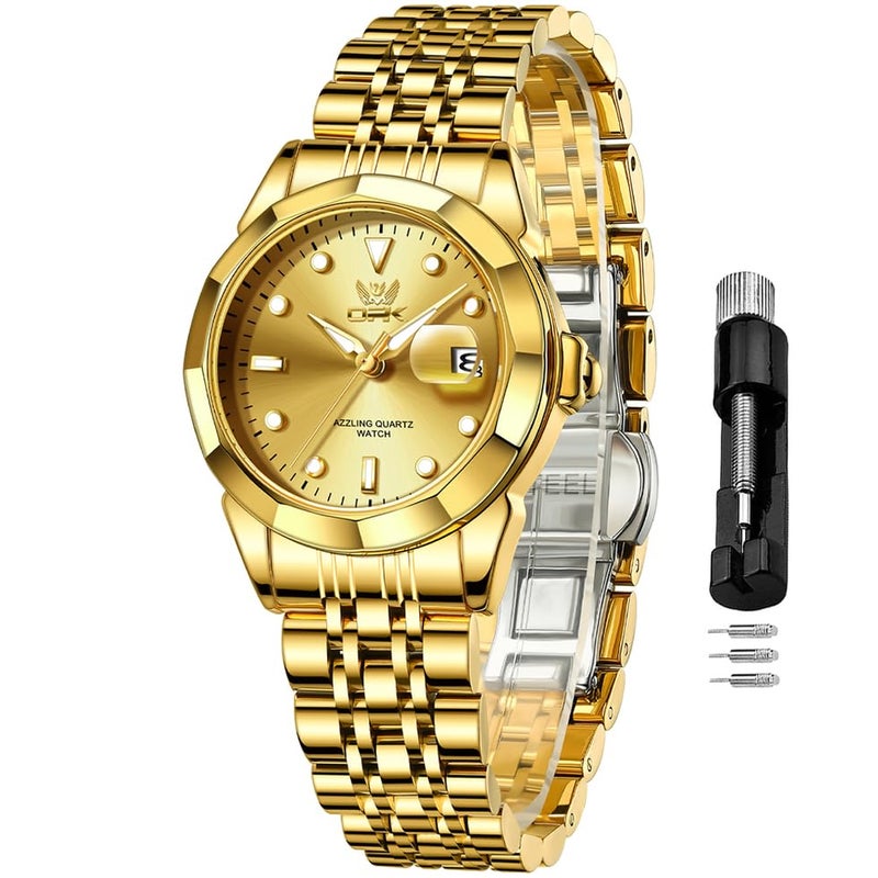 OPK Womens Watch Gold Fashion Female Watches for Ladies Analog Quartz Stainless Steel Waterproof Luminous Day Date Two Tone Wristwatch - Image 1