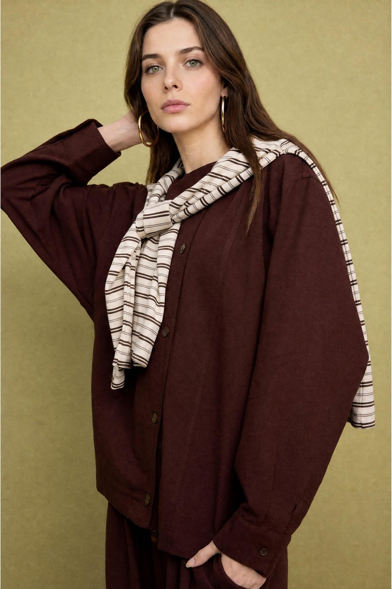 DeFacto Brown Woman Regular Fit Linen Blended Jacket Casual - Image 3