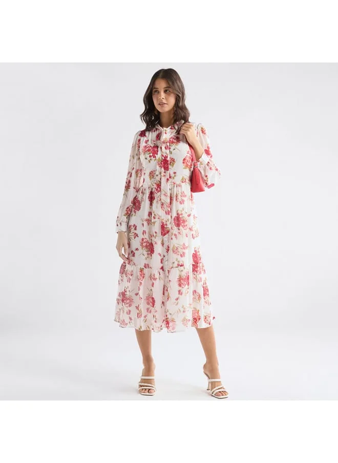 FAV Floral Print Midi Dress with Pussybow Collar and Long Sleeves