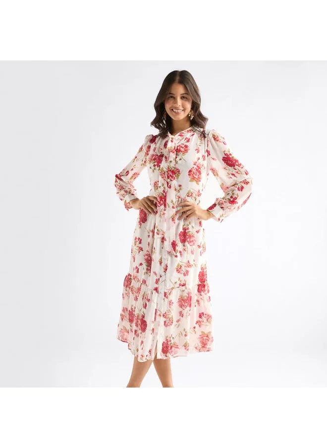 FAV Floral Print Midi Dress with Pussybow Collar and Long Sleeves