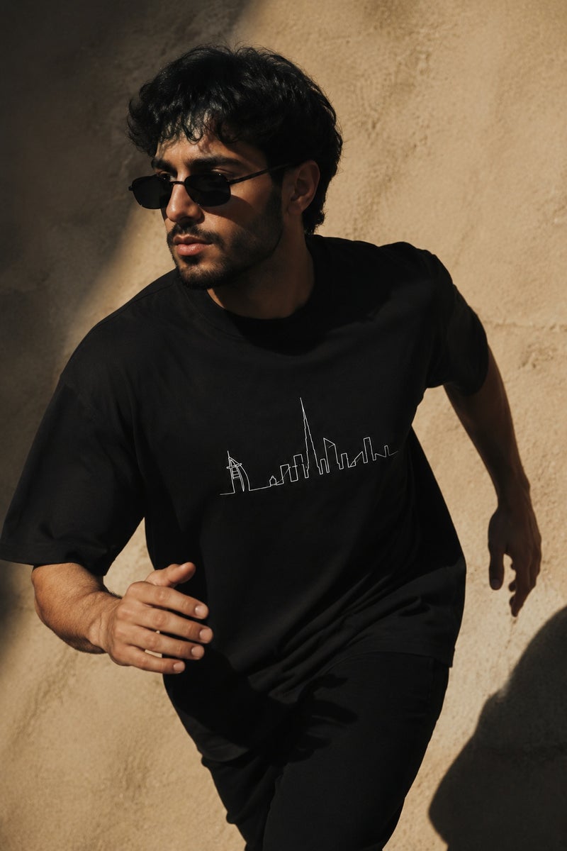 Men's Black Dubai Skyline Graphic T-Shirt Casual Short Sleeve Crew Neck Streetwear Tee - Image 3