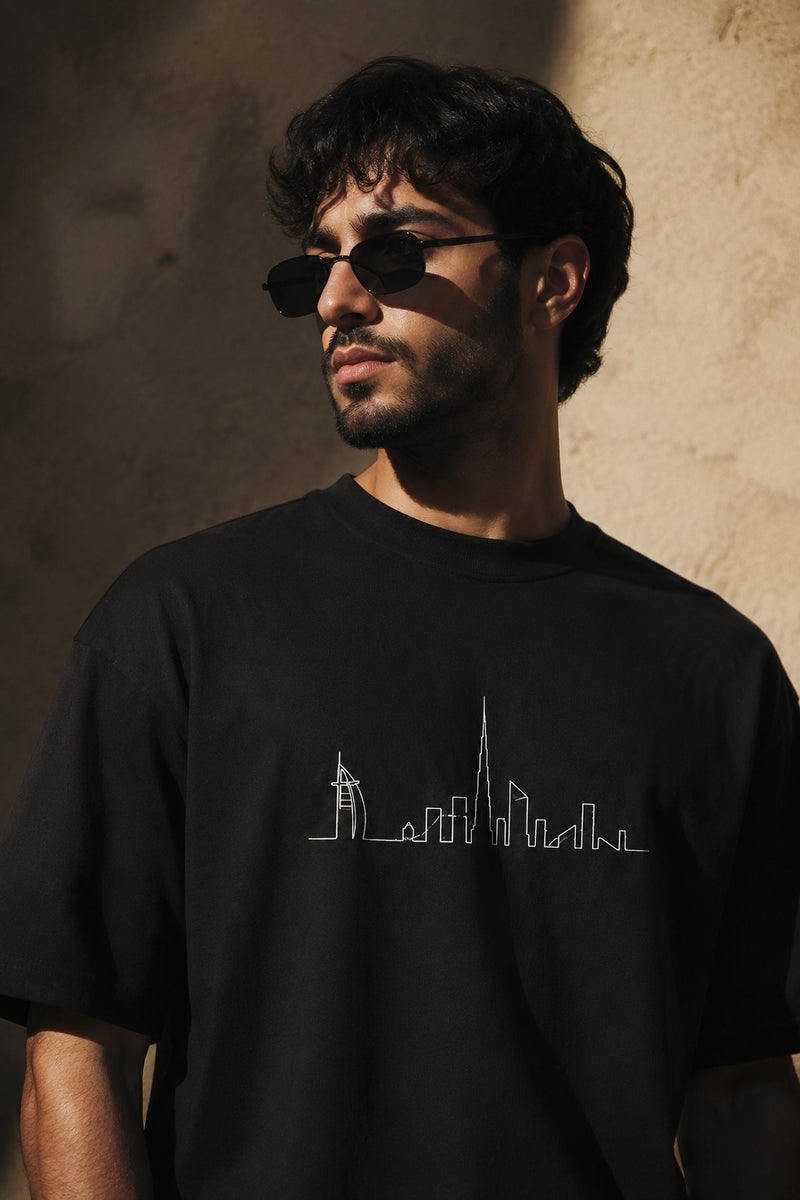Men's Black Dubai Skyline Graphic T-Shirt Casual Short Sleeve Crew Neck Streetwear Tee - Image 1