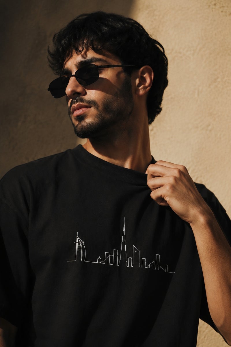 Men's Black Dubai Skyline Graphic T-Shirt Casual Short Sleeve Crew Neck Streetwear Tee - Image 5