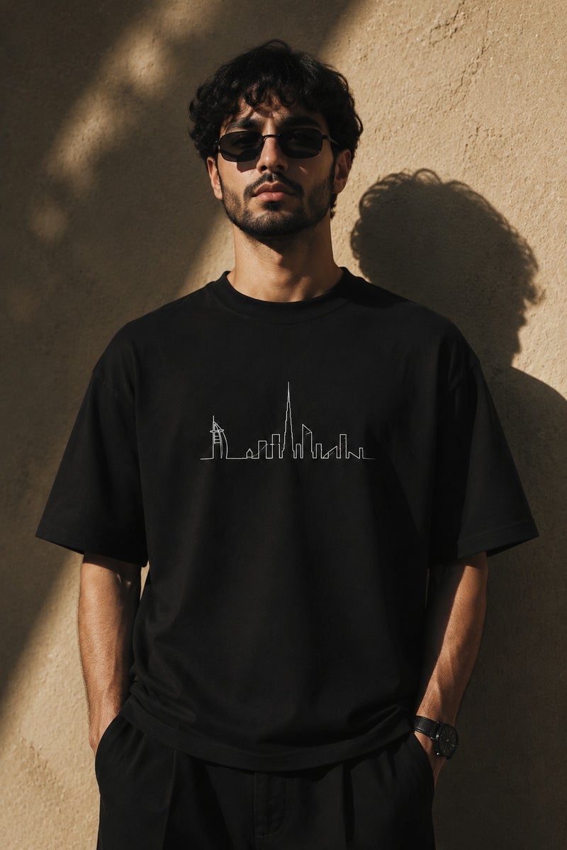 Men's Black Dubai Skyline Graphic T-Shirt Casual Short Sleeve Crew Neck Streetwear Tee - Image 2