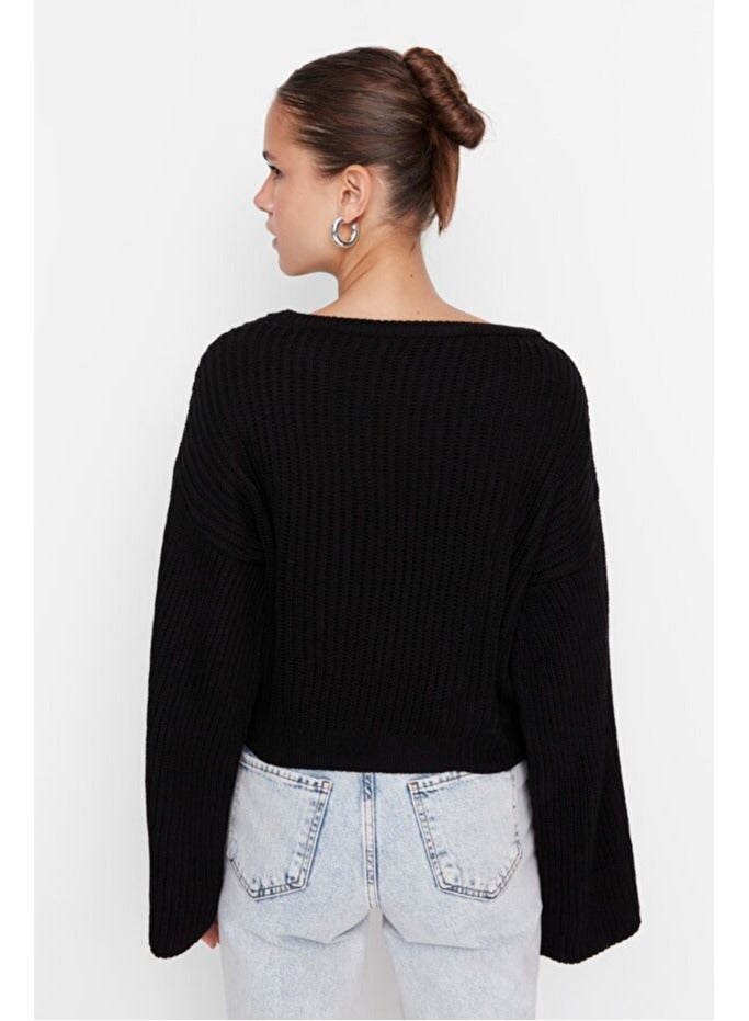 trendyol Black Crop Wide Pattern Spanish Sleeve Knitwear Sweater - Image 2