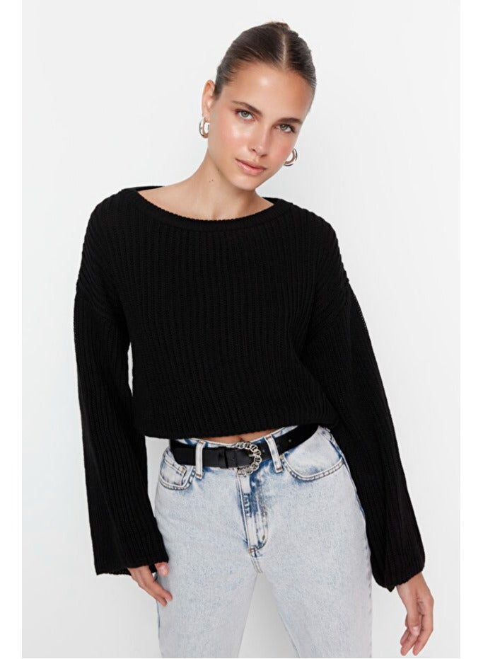 trendyol Black Crop Wide Pattern Spanish Sleeve Knitwear Sweater - Image 3