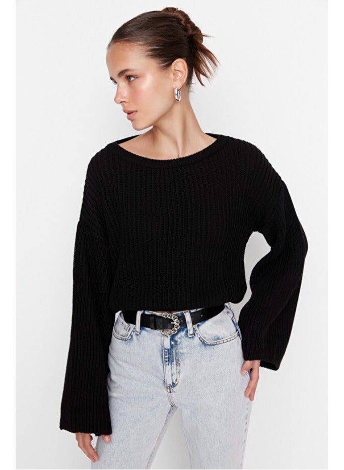 trendyol Black Crop Wide Pattern Spanish Sleeve Knitwear Sweater - Image 1