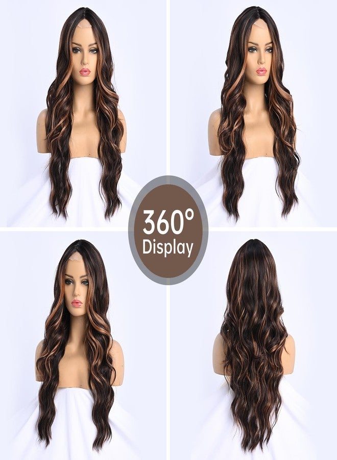 SeclitWu Dark Brown Wig With Highlight for Women Middle Part Brown Mixed Blonde Wavy Wigs With Highlights Natural Looking Synthetic Heat Resistant Fiber Wig for Daily Party Use (26 Inch) - Image 5