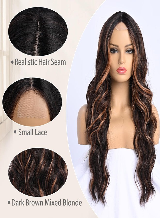 SeclitWu Dark Brown Wig With Highlight for Women Middle Part Brown Mixed Blonde Wavy Wigs With Highlights Natural Looking Synthetic Heat Resistant Fiber Wig for Daily Party Use (26 Inch) - Image 2