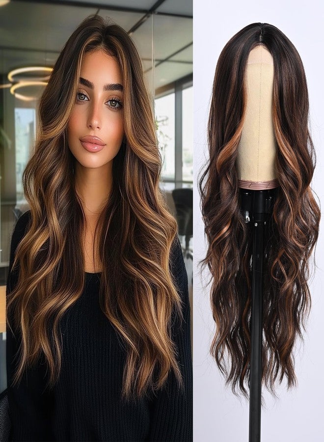 SeclitWu Dark Brown Wig With Highlight for Women Middle Part Brown Mixed Blonde Wavy Wigs With Highlights Natural Looking Synthetic Heat Resistant Fiber Wig for Daily Party Use (26 Inch) - Image 1