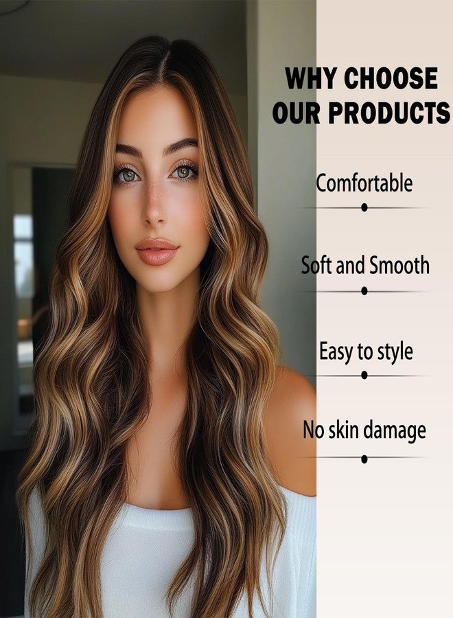 SeclitWu Dark Brown Wig With Highlight for Women Middle Part Brown Mixed Blonde Wavy Wigs With Highlights Natural Looking Synthetic Heat Resistant Fiber Wig for Daily Party Use (26 Inch) - Image 3