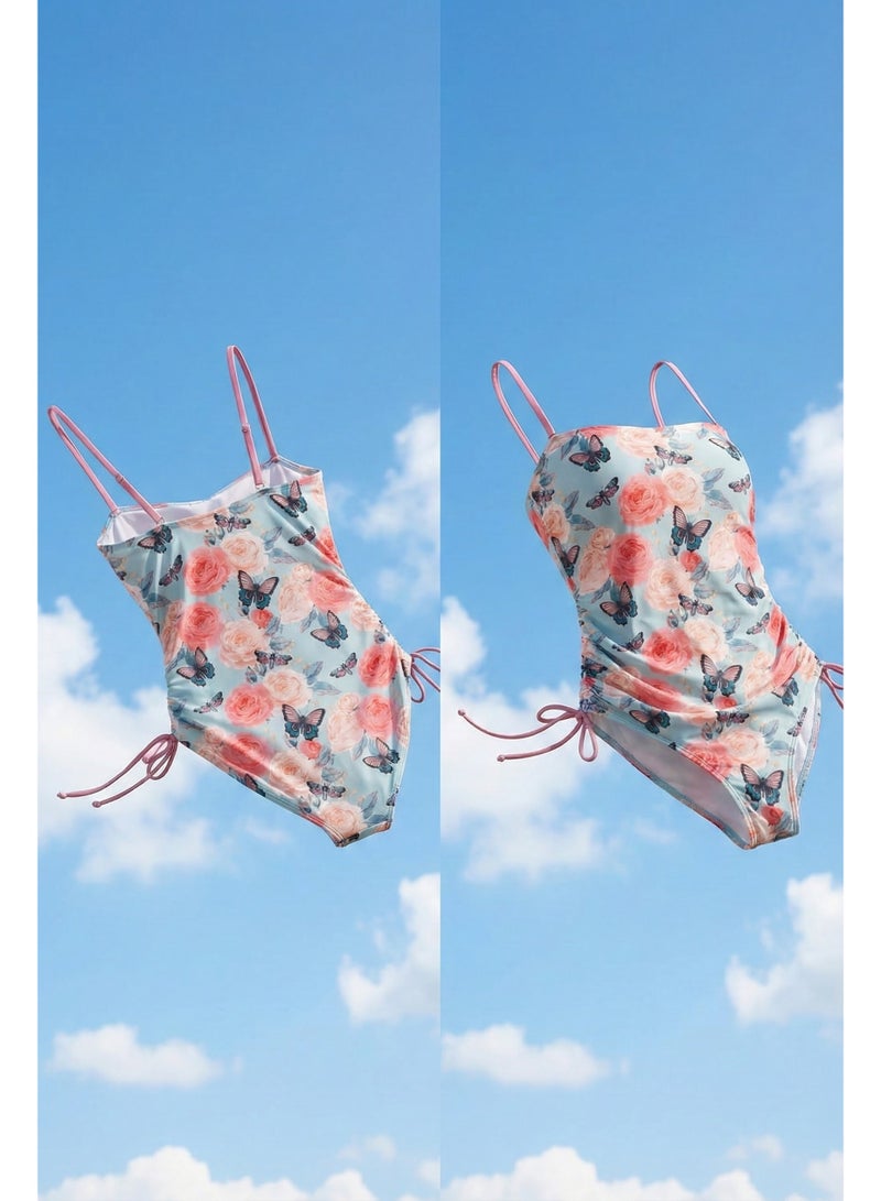 سيتوس بدلة سباحة سيتوس مزينة بنقشة الفراشات الزهرية (أزرق مخضر/وردي) - Image 4