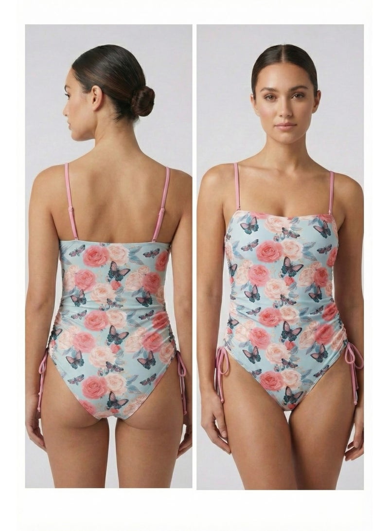 سيتوس بدلة سباحة سيتوس مزينة بنقشة الفراشات الزهرية (أزرق مخضر/وردي) - Image 3