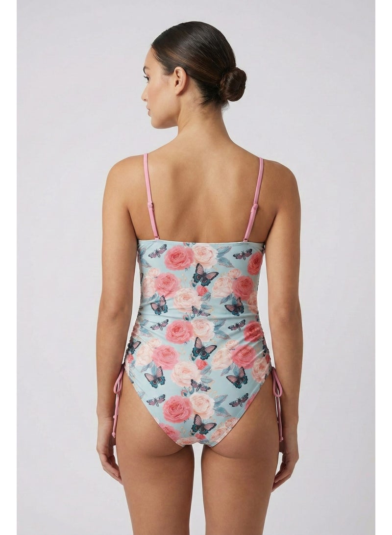 سيتوس بدلة سباحة سيتوس مزينة بنقشة الفراشات الزهرية (أزرق مخضر/وردي) - Image 2