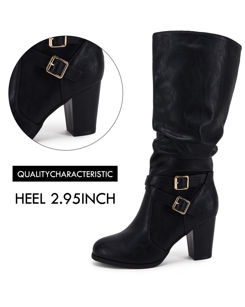 Ermonn Womens Slouchy Knee High Boots Stacked Mid Heel Ankle Strap Metal Buckle Side-Zip Shoes - Image 5
