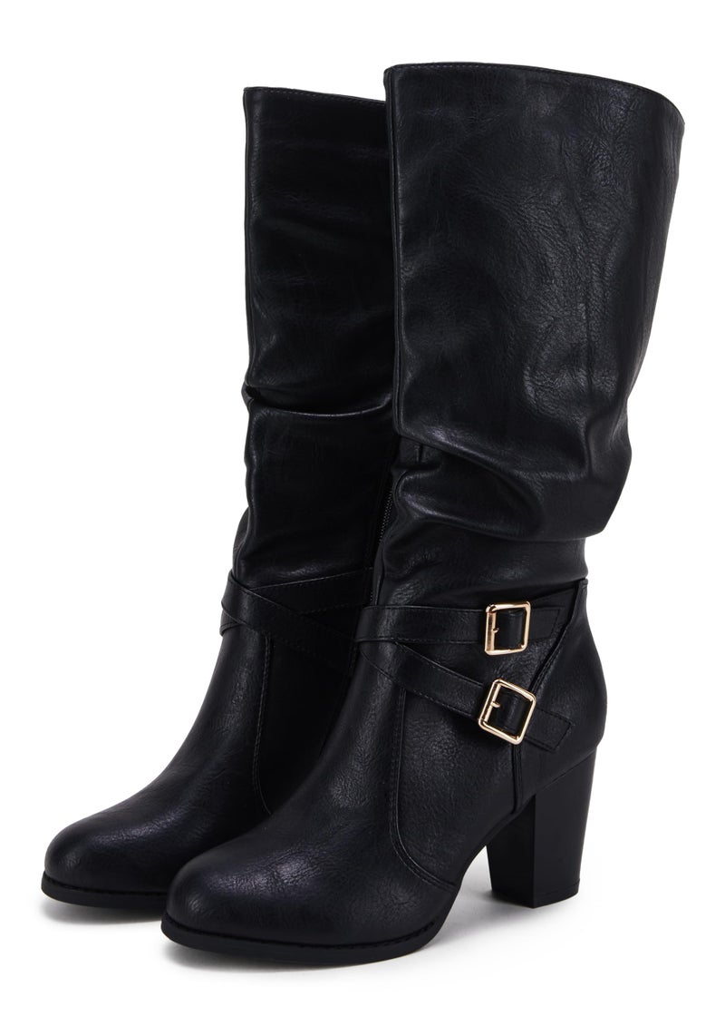 Ermonn Womens Slouchy Knee High Boots Stacked Mid Heel Ankle Strap Metal Buckle Side-Zip Shoes - Image 1