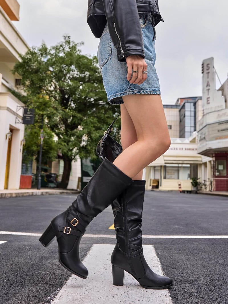 Ermonn Womens Slouchy Knee High Boots Stacked Mid Heel Ankle Strap Metal Buckle Side-Zip Shoes - Image 2
