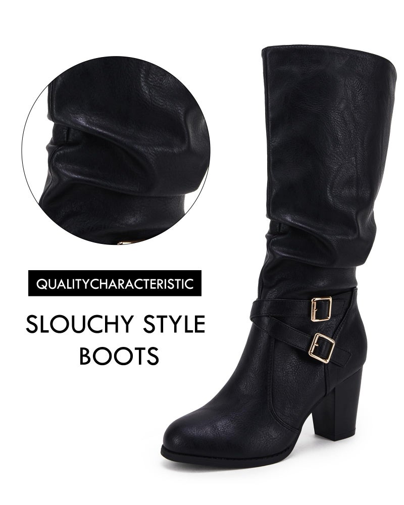 Ermonn Womens Slouchy Knee High Boots Stacked Mid Heel Ankle Strap Metal Buckle Side-Zip Shoes - Image 4